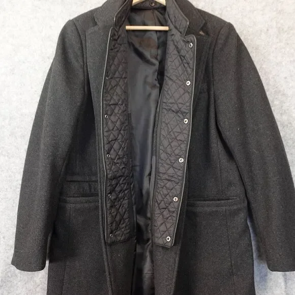 Wool Coat Mens Medium Black Detachable Liner Trim Quilt Buckle‎ OF ALL THREADS